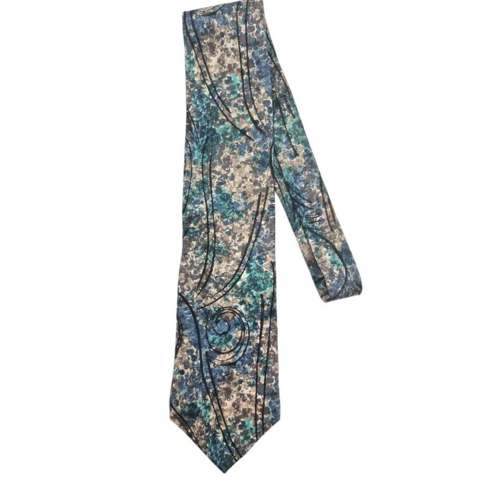 Classy Italian Silk Tie Abstract Swirl Design Blue Green Black 3.8x56" US Made - Picture 6 of 6